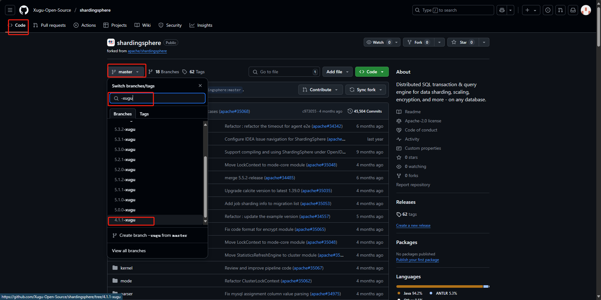 shardingSphere仓库分支选择
